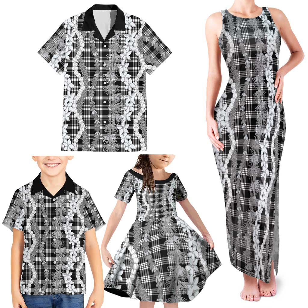 Hawaiian Ohia Lehua Lei Family Matching Tank Maxi Dress and Hawaiian Shirt Plaid Palaka Eleele Pattern - Polynesian Pride