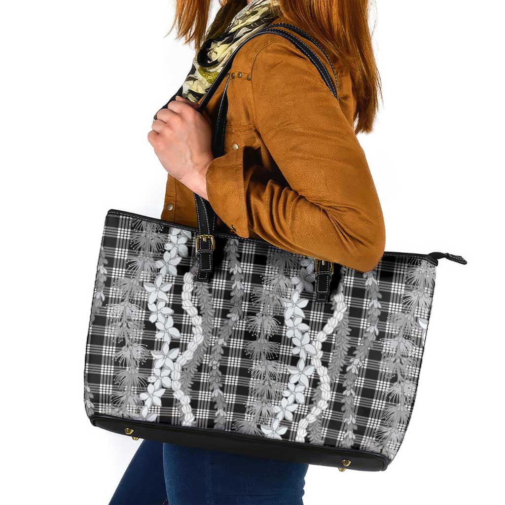 Hawaiian Ohia Lehua Lei Leather Tote Bag Plaid Palaka Eleele Pattern - Polynesian Pride