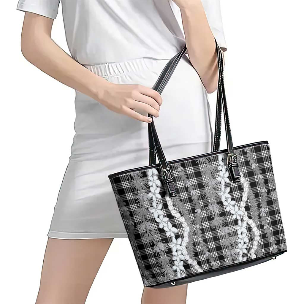 Hawaiian Ohia Lehua Lei Leather Tote Bag Plaid Palaka Eleele Pattern - Polynesian Pride