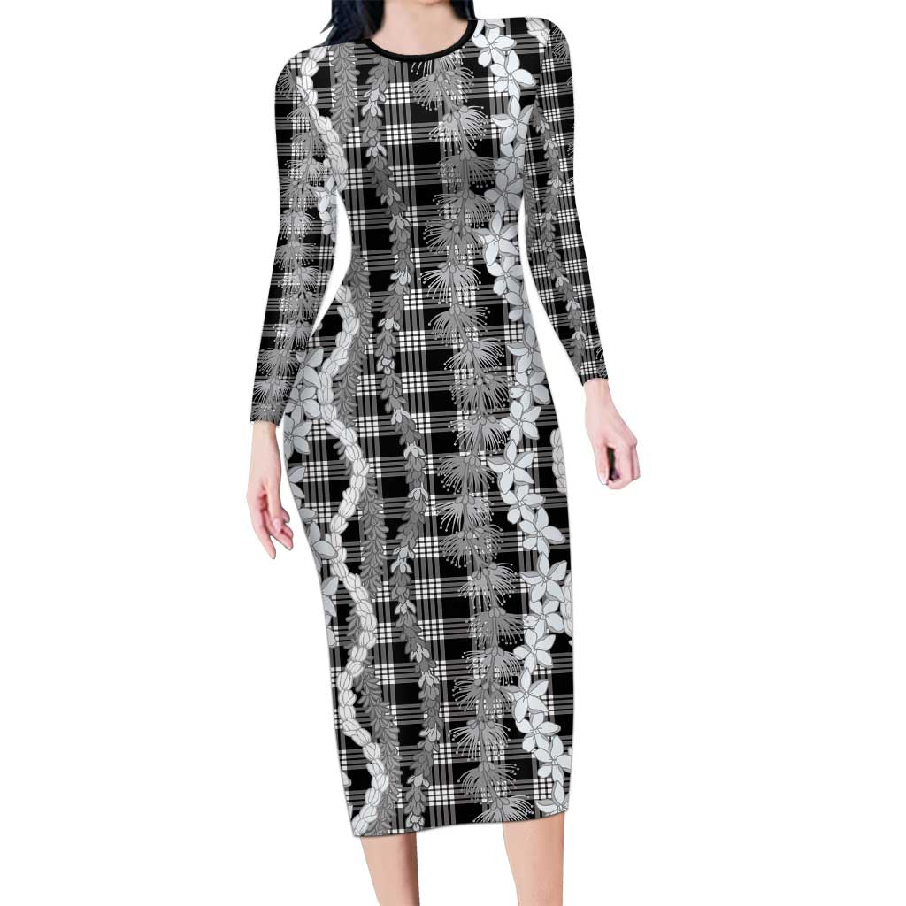 Hawaiian Ohia Lehua Lei Long Sleeve Bodycon Dress Plaid Palaka Eleele Pattern - Polynesian Pride
