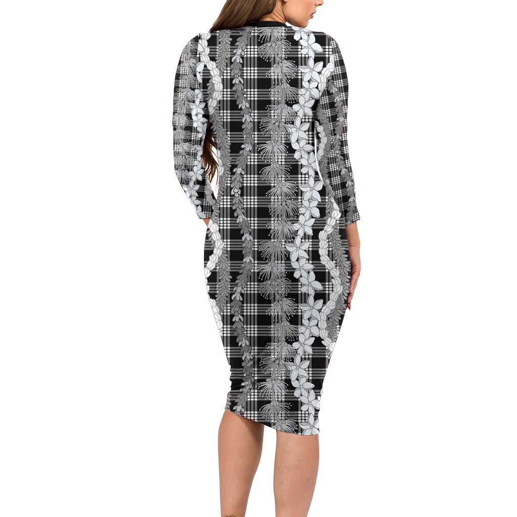 Hawaiian Ohia Lehua Lei Long Sleeve Bodycon Dress Plaid Palaka Eleele Pattern - Polynesian Pride