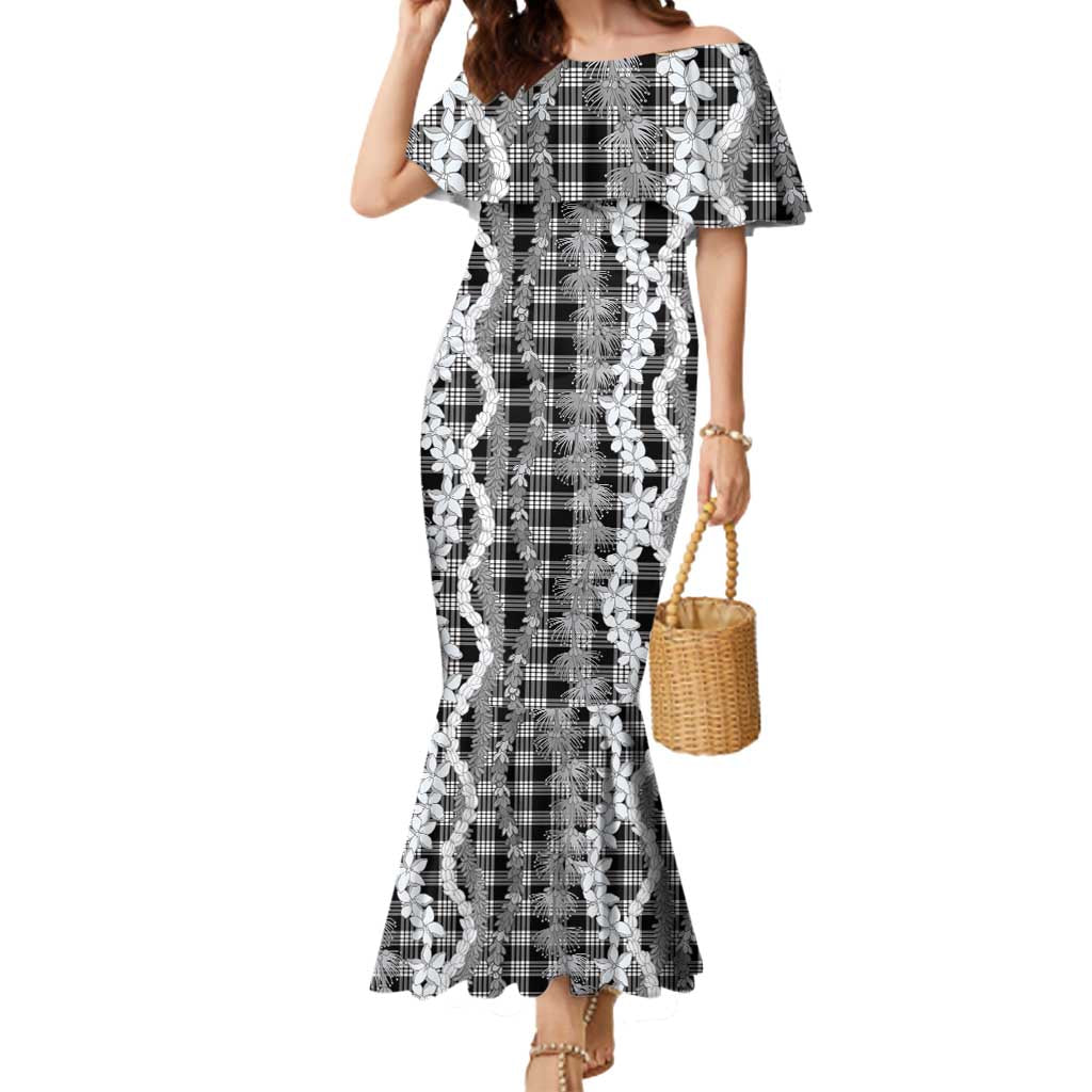 Hawaiian Ohia Lehua Lei Mermaid Dress Plaid Palaka Eleele Pattern - Polynesian Pride