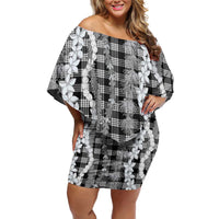 Hawaiian Ohia Lehua Lei Off Shoulder Short Dress Plaid Palaka Eleele Pattern - Polynesian Pride