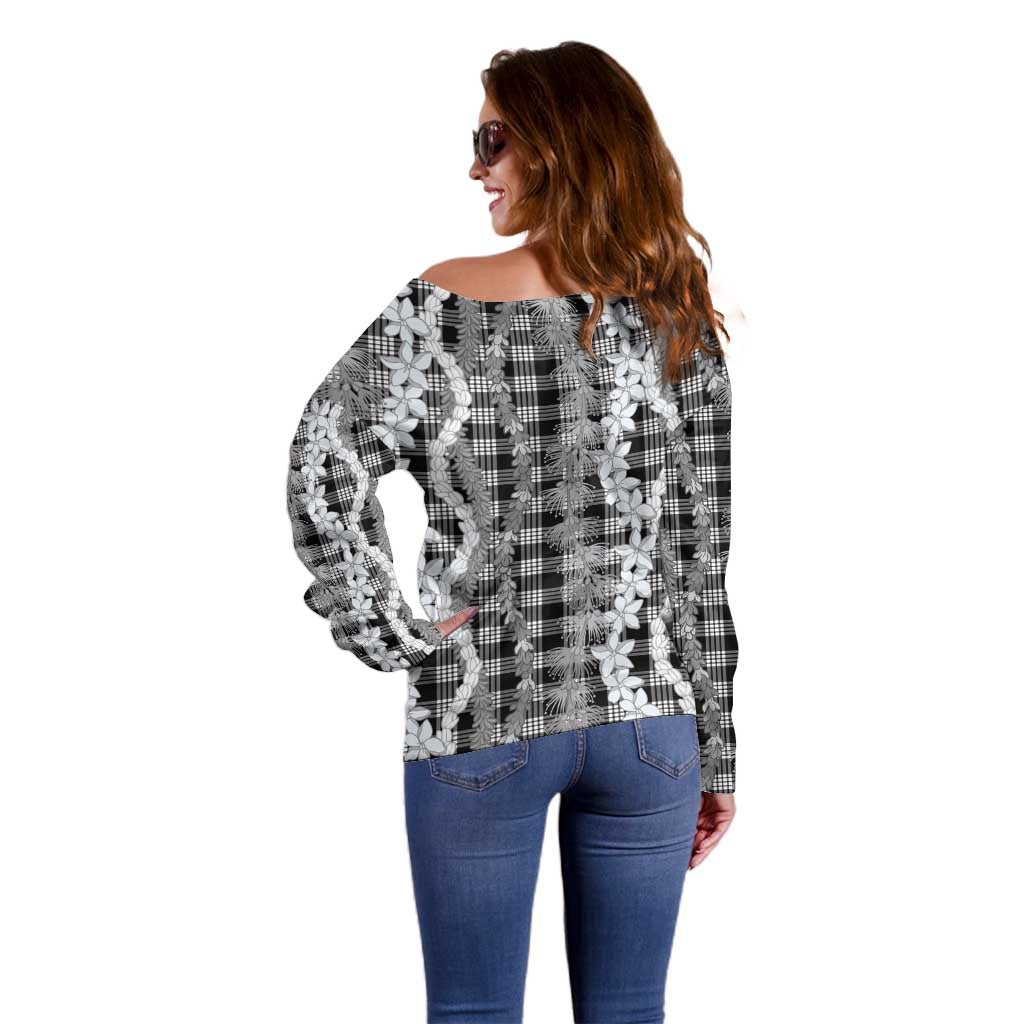 Hawaiian Ohia Lehua Lei Off Shoulder Sweater Plaid Palaka Eleele Pattern - Polynesian Pride
