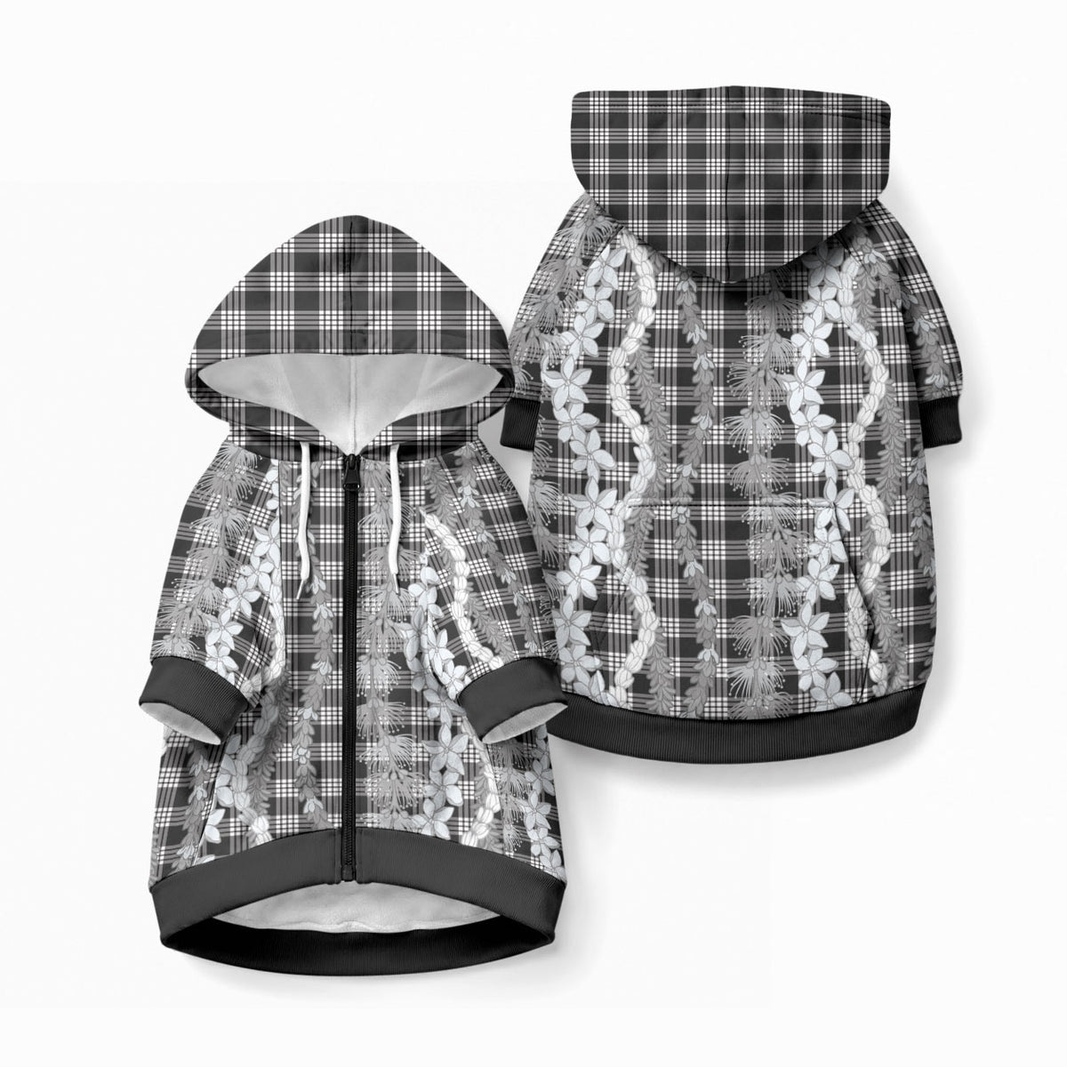 Hawaiian Ohia Lehua Lei Pet Hoodie Plaid Palaka Eleele Pattern LT9 Zip-up Black - Polynesian Pride