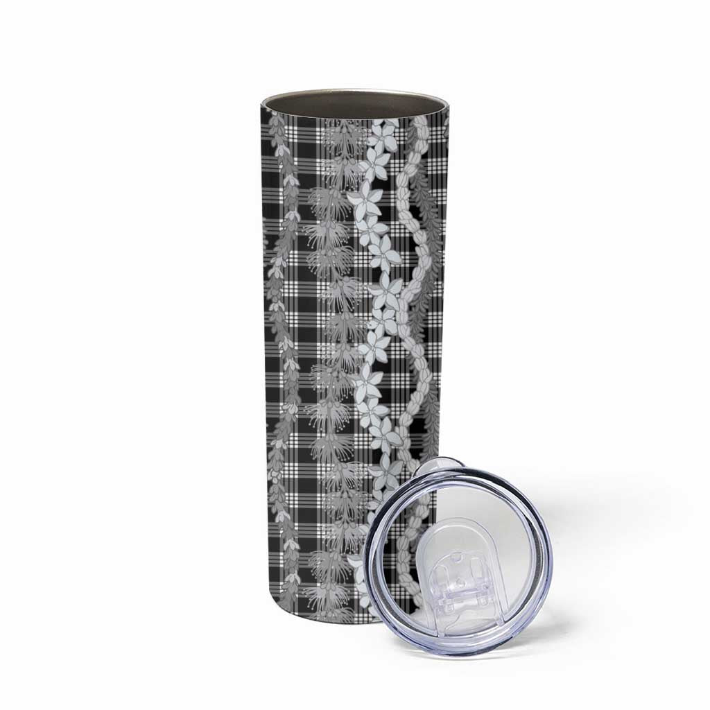 Hawaiian Ohia Lehua Lei Skinny Tumbler Plaid Palaka Eleele Pattern - Polynesian Pride