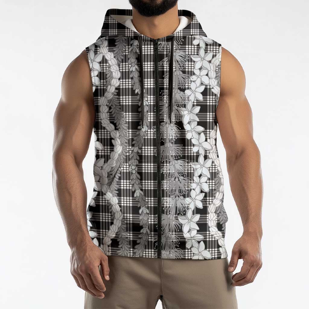 Hawaiian Ohia Lehua Lei Sleeveless Zip Hoodie Plaid Palaka Eleele Pattern - Polynesian Pride