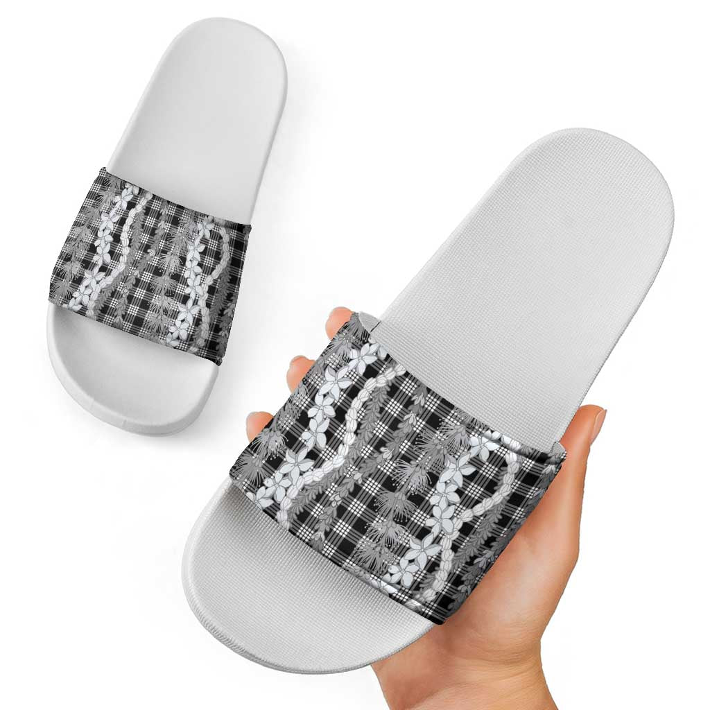 Hawaiian Ohia Lehua Lei Slide Sandals Plaid Palaka Eleele Pattern - Polynesian Pride