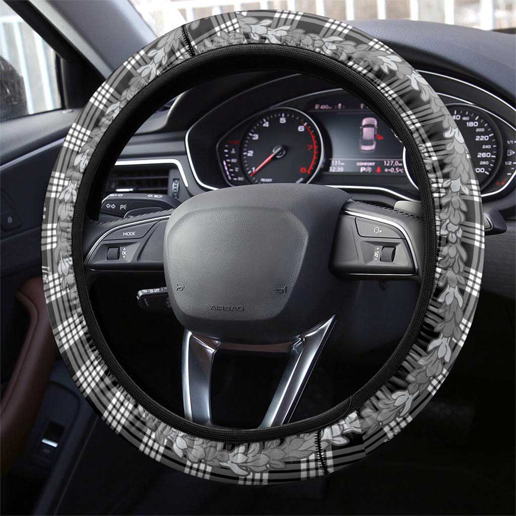 Hawaiian Ohia Lehua Lei Steering Wheel Cover Plaid Palaka Eleele Pattern - Polynesian Pride