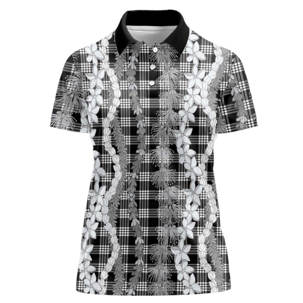 Hawaiian Ohia Lehua Lei Women Polo Shirt Plaid Palaka Eleele Pattern - Polynesian Pride