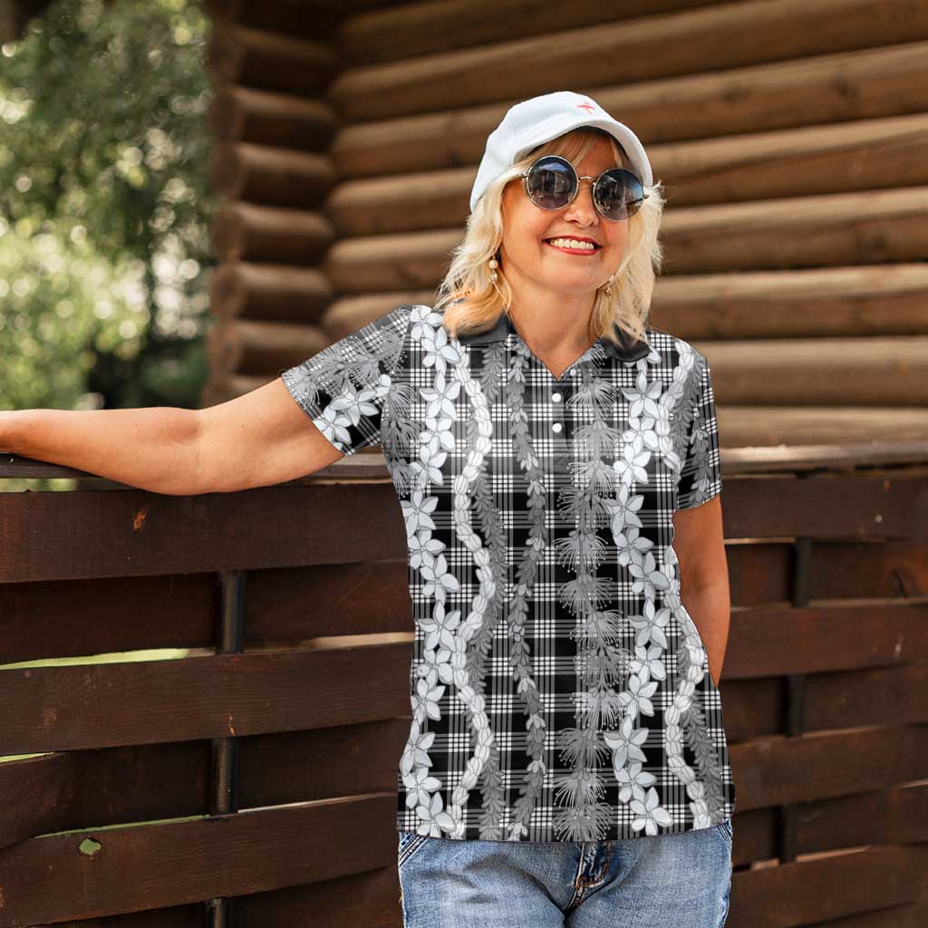 Hawaiian Ohia Lehua Lei Women Polo Shirt Plaid Palaka Eleele Pattern - Polynesian Pride