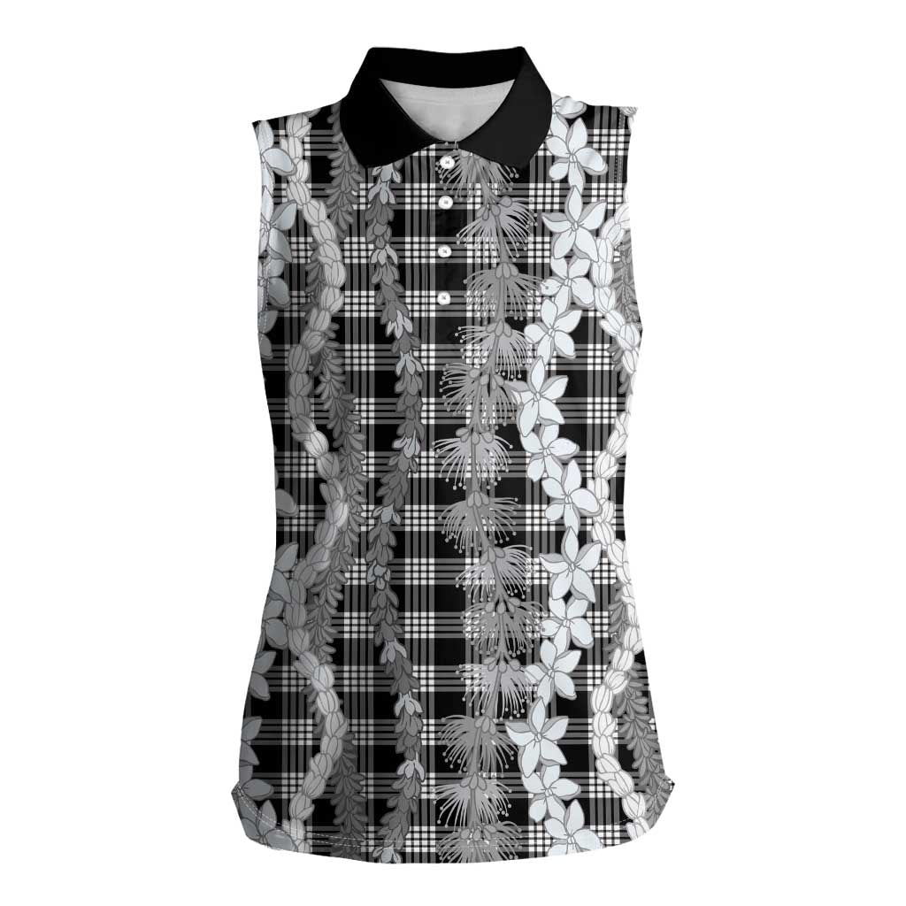 Hawaiian Ohia Lehua Lei Women Sleeveless Polo Shirt Plaid Palaka Eleele Pattern LT9 Female Black - Polynesian Pride