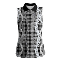 Hawaiian Ohia Lehua Lei Women Sleeveless Polo Shirt Plaid Palaka Eleele Pattern LT9 Female Black - Polynesian Pride