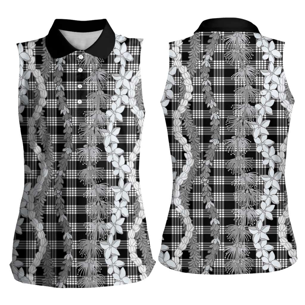 Hawaiian Ohia Lehua Lei Women Sleeveless Polo Shirt Plaid Palaka Eleele Pattern LT9 - Polynesian Pride