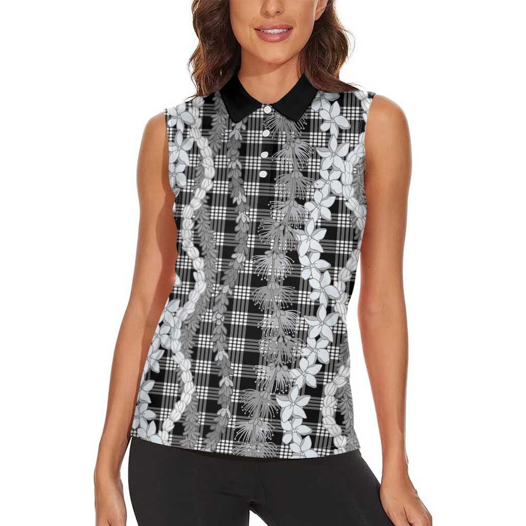 Hawaiian Ohia Lehua Lei Women Sleeveless Polo Shirt Plaid Palaka Eleele Pattern LT9 - Polynesian Pride