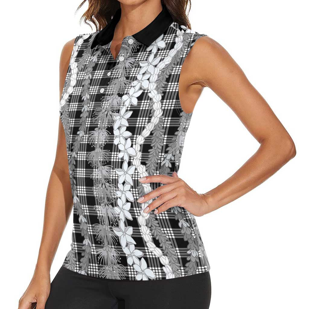 Hawaiian Ohia Lehua Lei Women Sleeveless Polo Shirt Plaid Palaka Eleele Pattern LT9 - Polynesian Pride