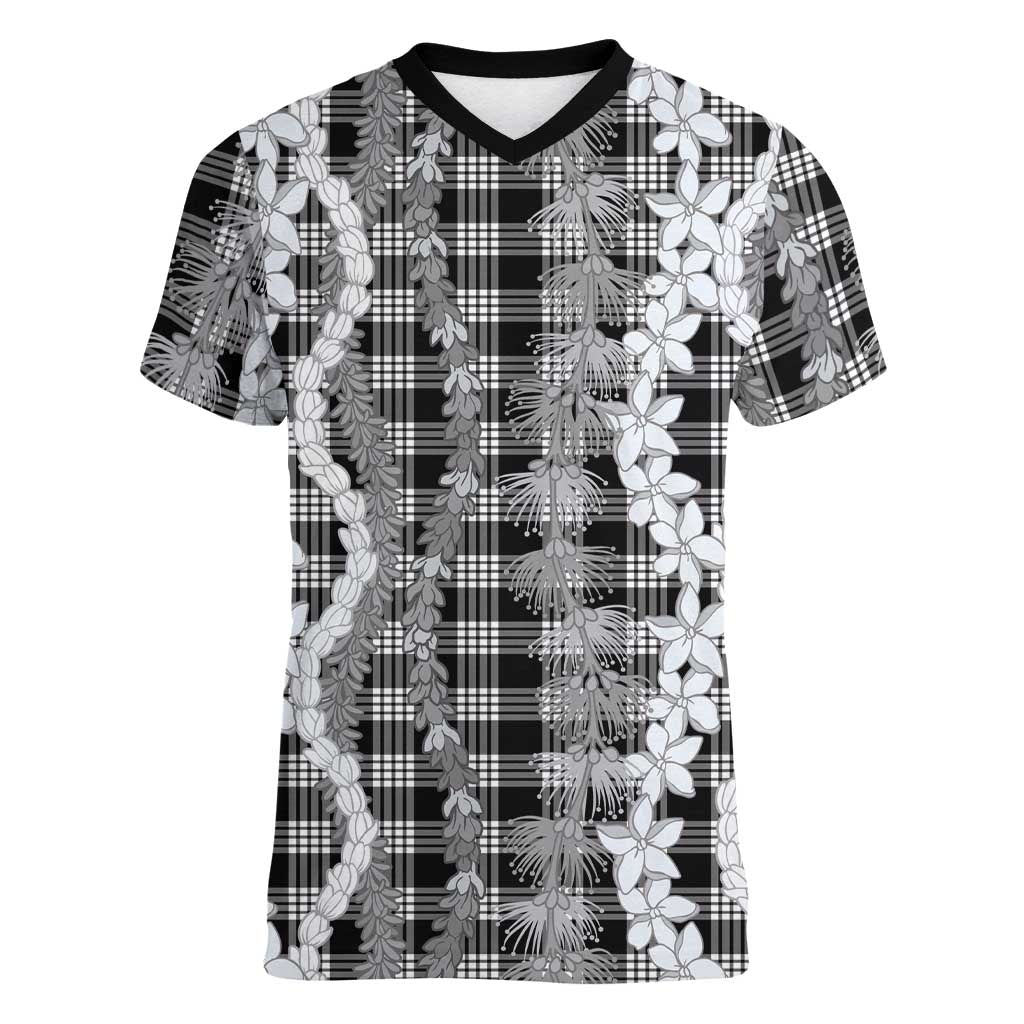Hawaiian Ohia Lehua Lei Women V-Neck T-Shirt Plaid Palaka Eleele Pattern - Polynesian Pride