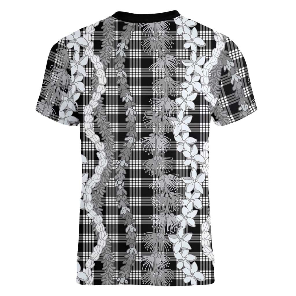 Hawaiian Ohia Lehua Lei Women V-Neck T-Shirt Plaid Palaka Eleele Pattern - Polynesian Pride