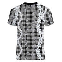 Hawaiian Ohia Lehua Lei Women V-Neck T-Shirt Plaid Palaka Eleele Pattern - Polynesian Pride