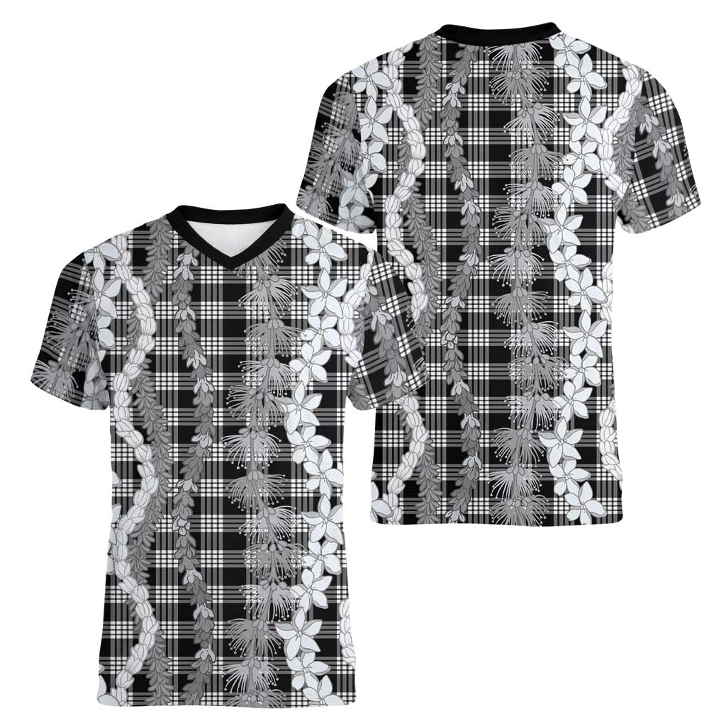 Hawaiian Ohia Lehua Lei Women V-Neck T-Shirt Plaid Palaka Eleele Pattern - Polynesian Pride