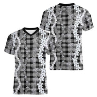 Hawaiian Ohia Lehua Lei Women V-Neck T-Shirt Plaid Palaka Eleele Pattern - Polynesian Pride
