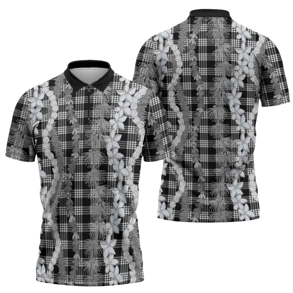 Hawaiian Ohia Lehua Lei Zipper Polo Shirt Plaid Palaka Eleele Pattern - Polynesian Pride