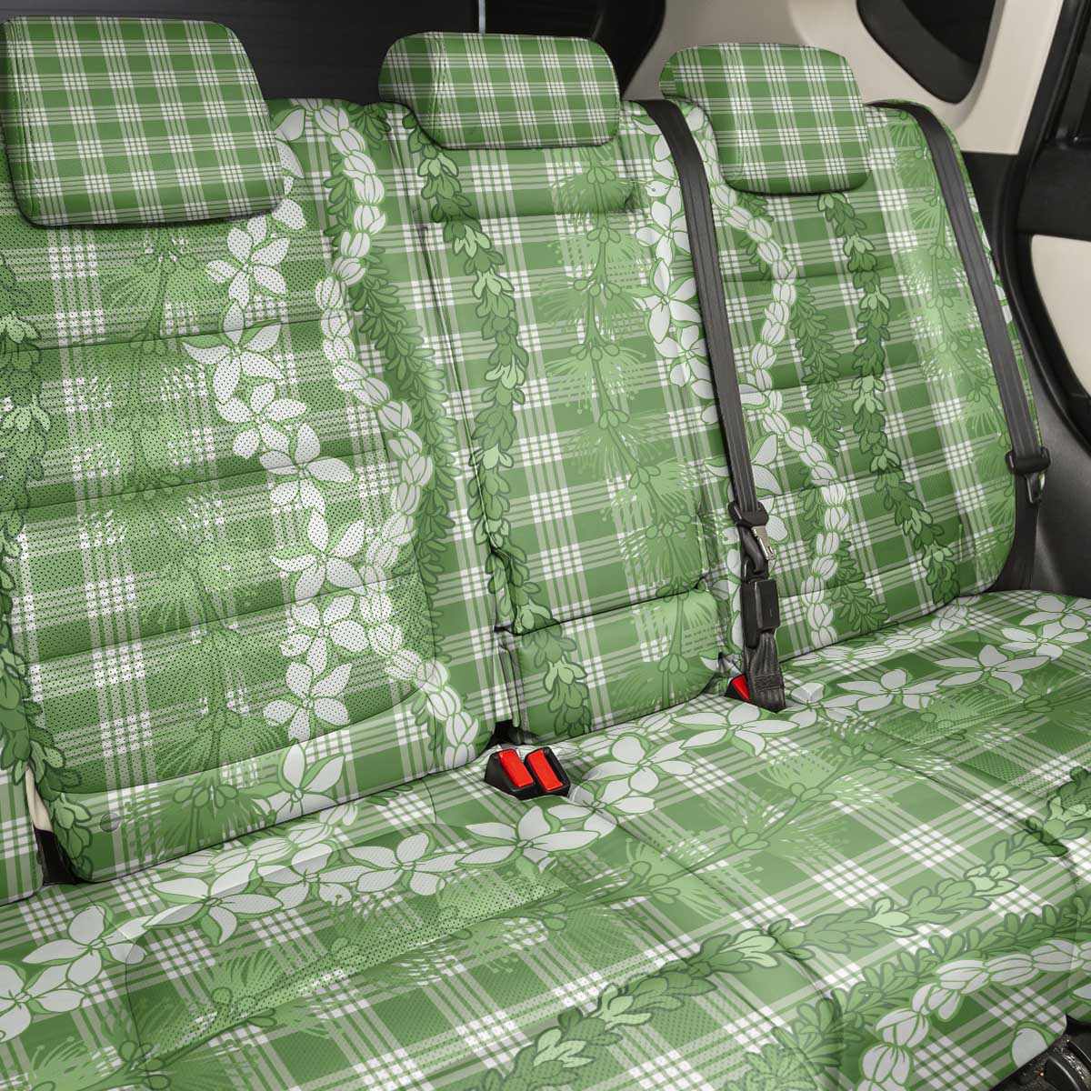 Hawaiian Ohia Lehua Lei Back Car Seat Cover Plaid Palaka Omaomao Pattern - Polynesian Pride