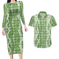 Hawaiian Ohia Lehua Lei Couples Matching Long Sleeve Bodycon Dress and Hawaiian Shirt Plaid Palaka Omaomao Pattern - Polynesian Pride