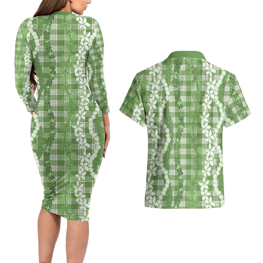 Hawaiian Ohia Lehua Lei Couples Matching Long Sleeve Bodycon Dress and Hawaiian Shirt Plaid Palaka Omaomao Pattern - Polynesian Pride