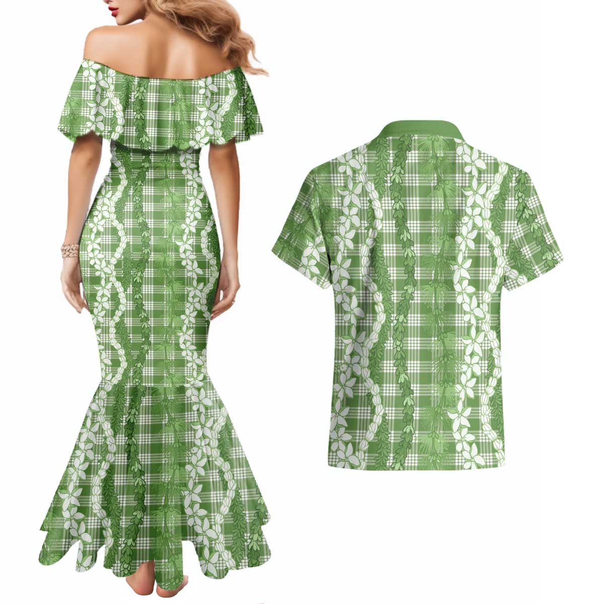 Hawaiian Ohia Lehua Lei Couples Matching Mermaid Dress and Hawaiian Shirt Plaid Palaka Omaomao Pattern - Polynesian Pride