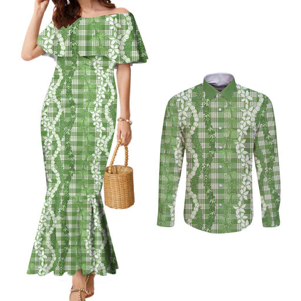 Hawaiian Ohia Lehua Lei Couples Matching Mermaid Dress and Long Sleeve Button Shirt Plaid Palaka Omaomao Pattern - Polynesian Pride