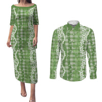 Hawaiian Ohia Lehua Lei Couples Matching Puletasi and Long Sleeve Button Shirt Plaid Palaka Omaomao Pattern - Polynesian Pride