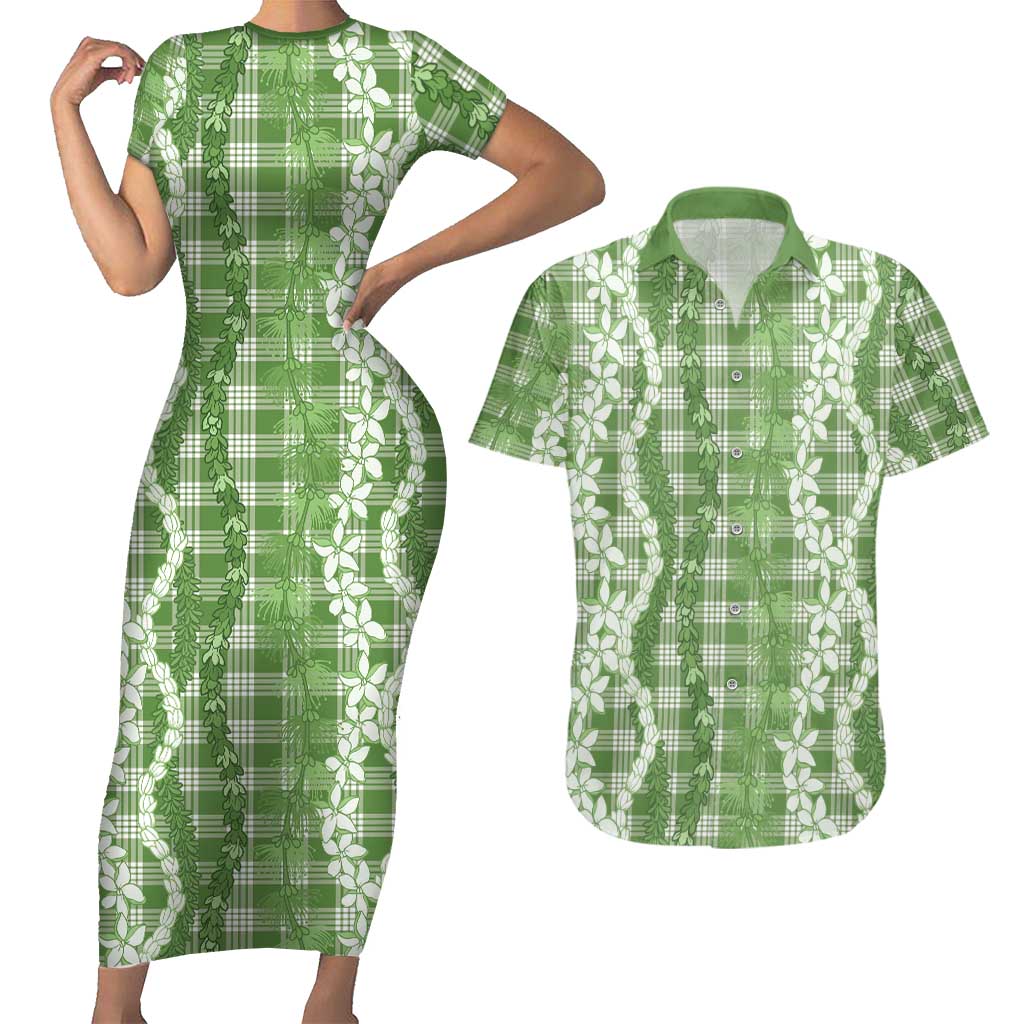 Hawaiian Ohia Lehua Lei Couples Matching Short Sleeve Bodycon Dress and Hawaiian Shirt Plaid Palaka Omaomao Pattern - Polynesian Pride