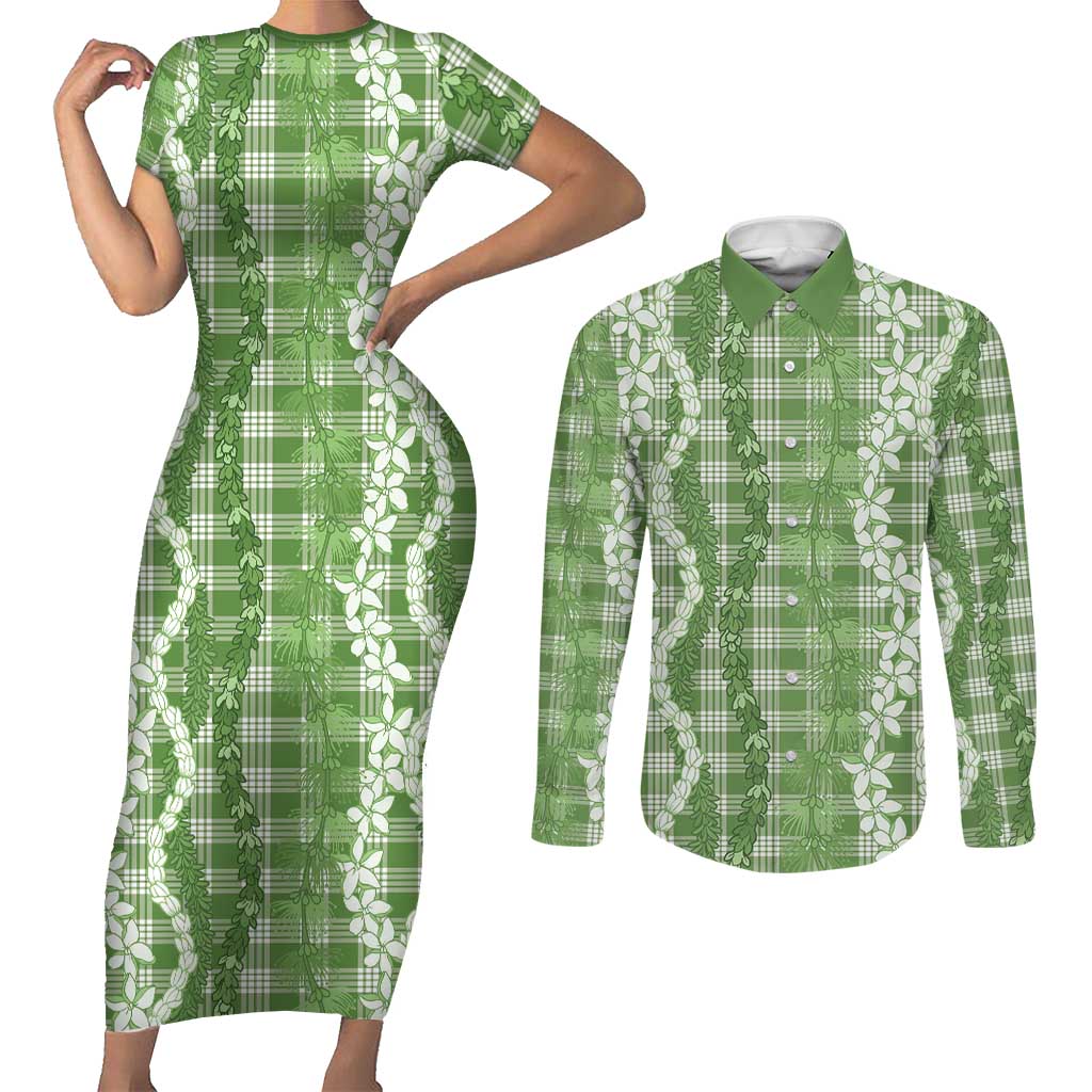 Hawaiian Ohia Lehua Lei Couples Matching Short Sleeve Bodycon Dress and Long Sleeve Button Shirt Plaid Palaka Omaomao Pattern - Polynesian Pride