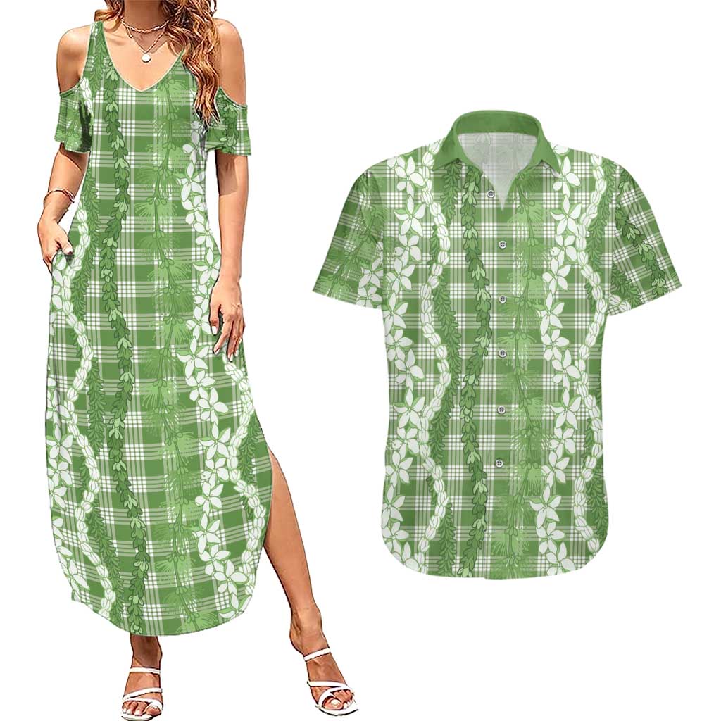 Hawaiian Ohia Lehua Lei Couples Matching Summer Maxi Dress and Hawaiian Shirt Plaid Palaka Omaomao Pattern - Polynesian Pride