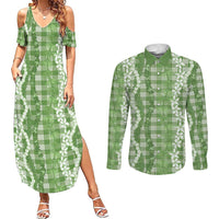 Hawaiian Ohia Lehua Lei Couples Matching Summer Maxi Dress and Long Sleeve Button Shirt Plaid Palaka Omaomao Pattern - Polynesian Pride