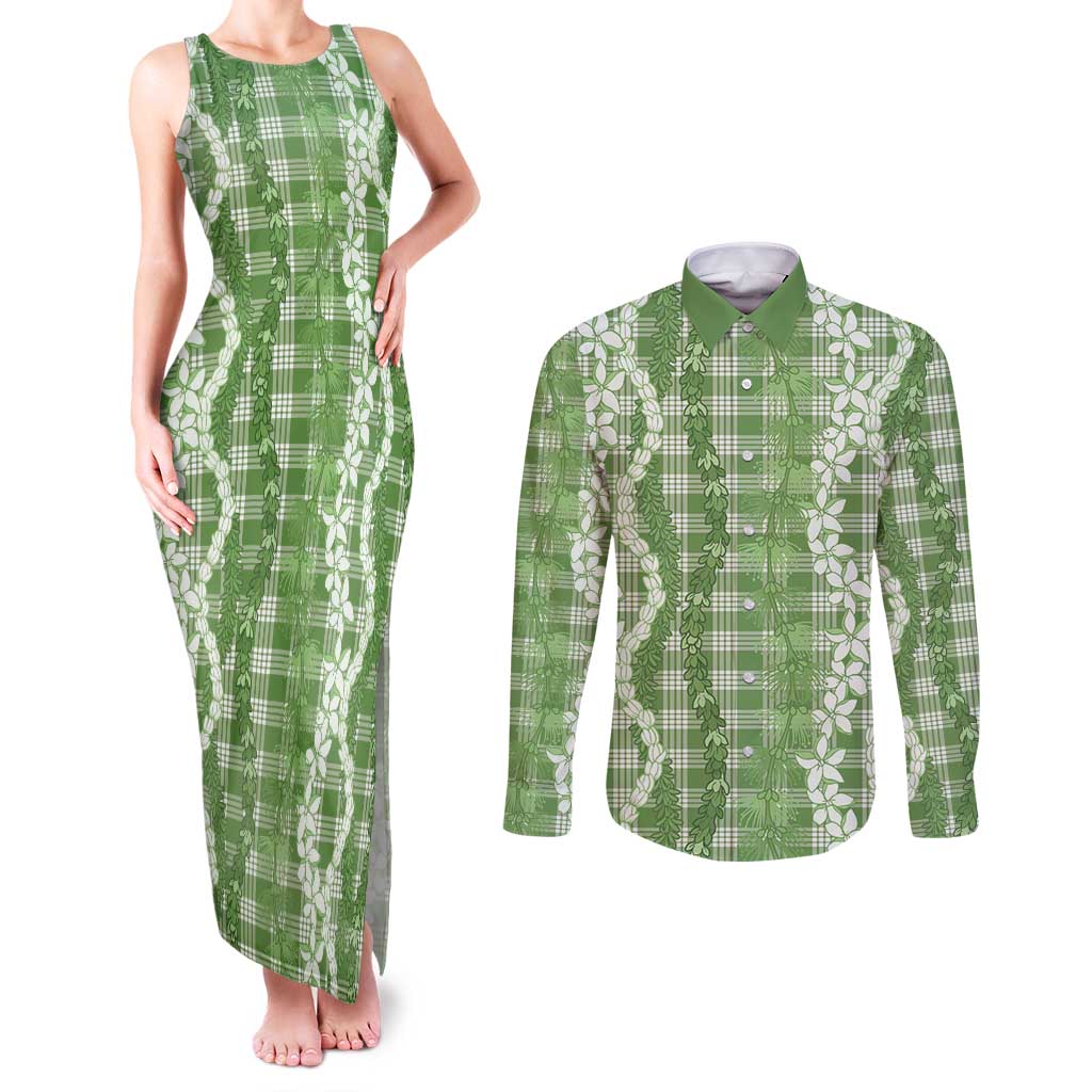 Hawaiian Ohia Lehua Lei Couples Matching Tank Maxi Dress and Long Sleeve Button Shirt Plaid Palaka Omaomao Pattern - Polynesian Pride
