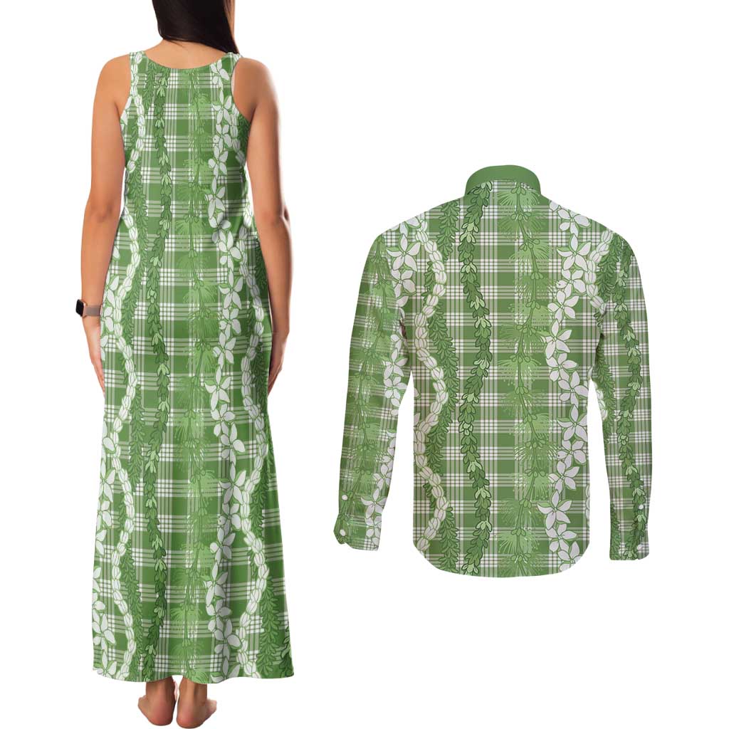 Hawaiian Ohia Lehua Lei Couples Matching Tank Maxi Dress and Long Sleeve Button Shirt Plaid Palaka Omaomao Pattern - Polynesian Pride