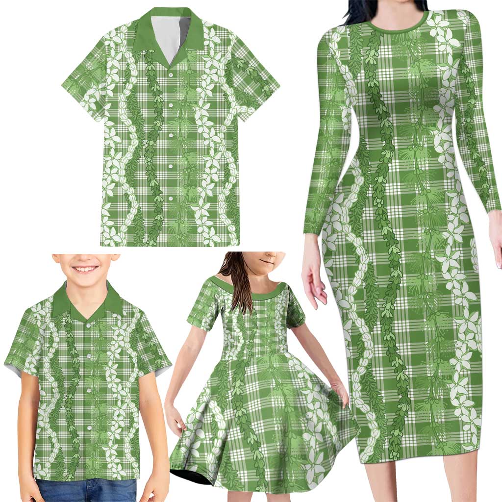 Hawaiian Ohia Lehua Lei Family Matching Long Sleeve Bodycon Dress and Hawaiian Shirt Plaid Palaka Omaomao Pattern LT9 - Polynesian Pride