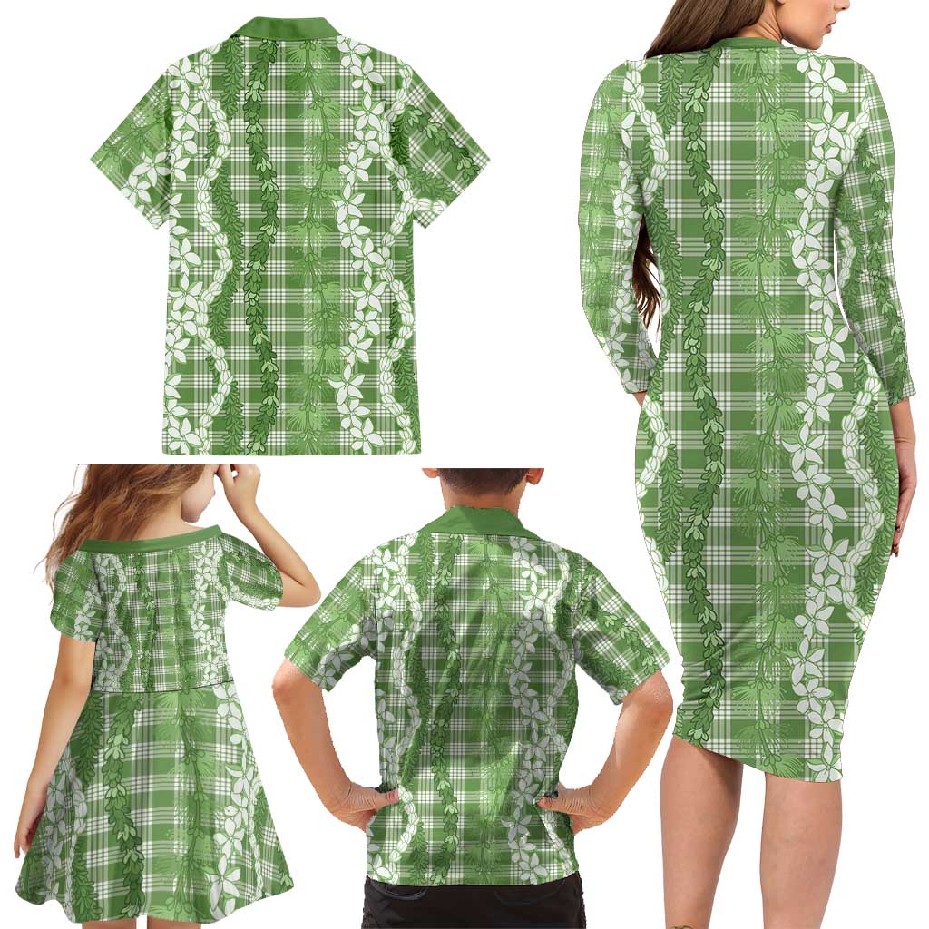 Hawaiian Ohia Lehua Lei Family Matching Long Sleeve Bodycon Dress and Hawaiian Shirt Plaid Palaka Omaomao Pattern LT9 - Polynesian Pride