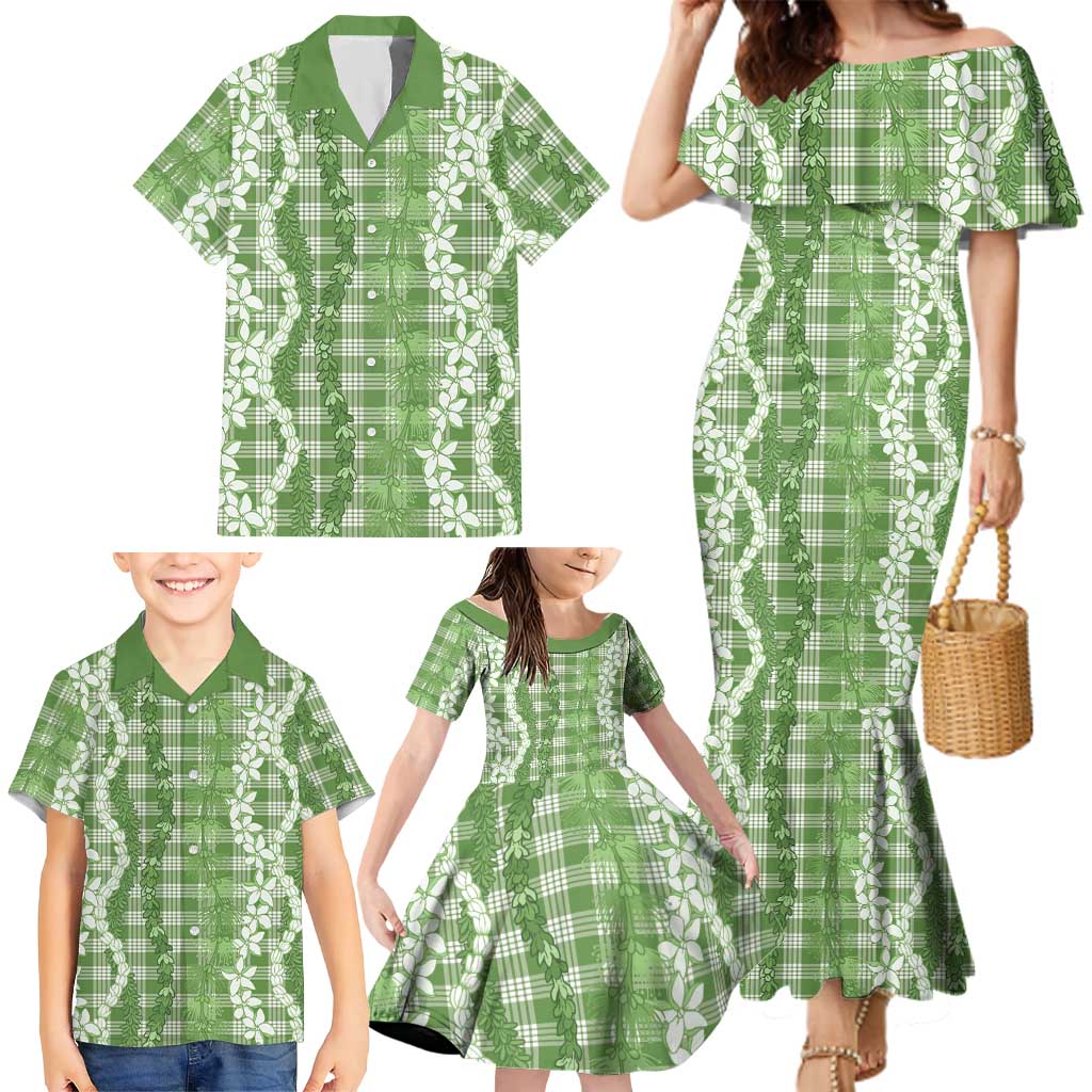 Hawaiian Ohia Lehua Lei Family Matching Mermaid Dress and Hawaiian Shirt Plaid Palaka Omaomao Pattern - Polynesian Pride