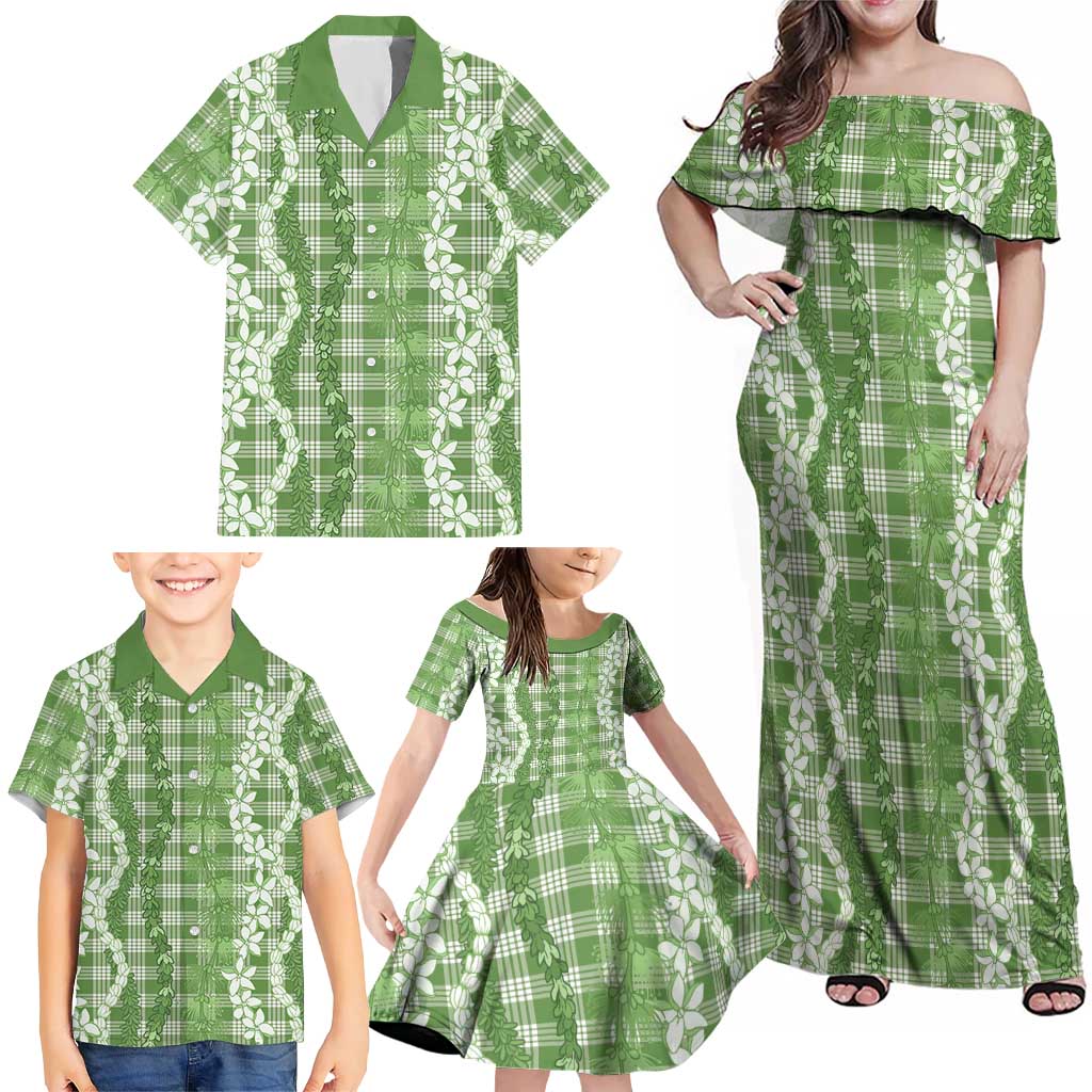 Hawaiian Ohia Lehua Lei Family Matching Off Shoulder Maxi Dress and Hawaiian Shirt Plaid Palaka Omaomao Pattern LT9 - Polynesian Pride