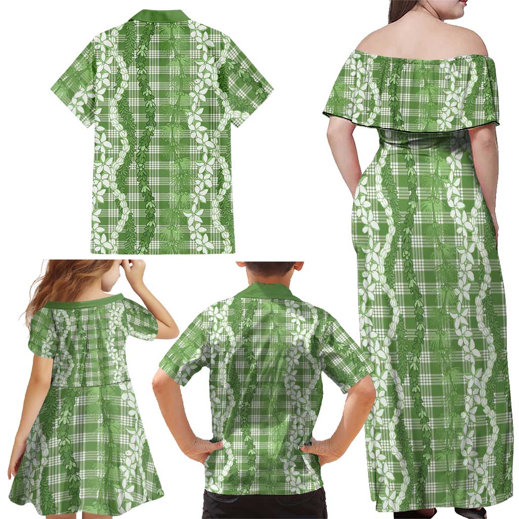 Hawaiian Ohia Lehua Lei Family Matching Off Shoulder Maxi Dress and Hawaiian Shirt Plaid Palaka Omaomao Pattern LT9 - Polynesian Pride