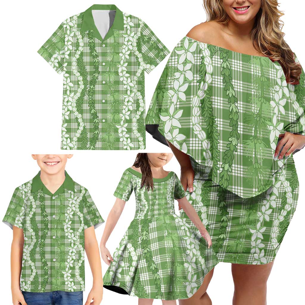 Hawaiian Ohia Lehua Lei Family Matching Off Shoulder Short Dress and Hawaiian Shirt Plaid Palaka Omaomao Pattern - Polynesian Pride