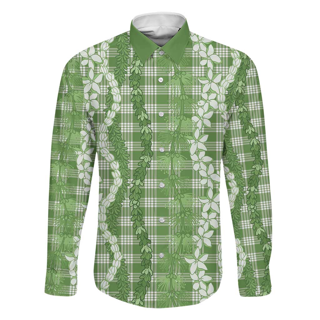 Hawaiian Ohia Lehua Lei Family Matching Off Shoulder Short Dress and Hawaiian Shirt Plaid Palaka Omaomao Pattern LT9 Dad's Shirt - Long Sleeve Green - Polynesian Pride