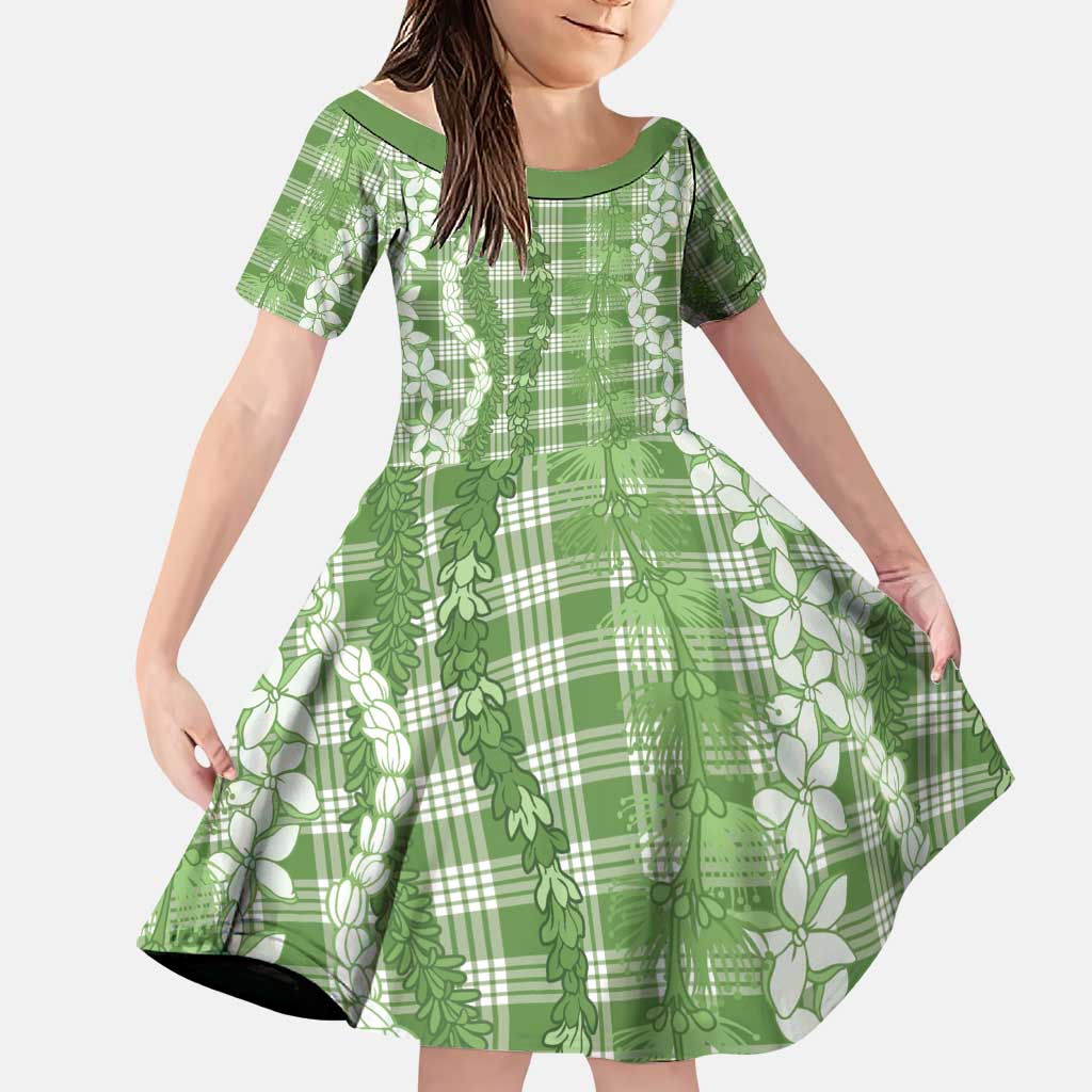 Hawaiian Ohia Lehua Lei Family Matching Summer Maxi Dress and Hawaiian Shirt Plaid Palaka Omaomao Pattern LT9 Daughter's Dress Green - Polynesian Pride