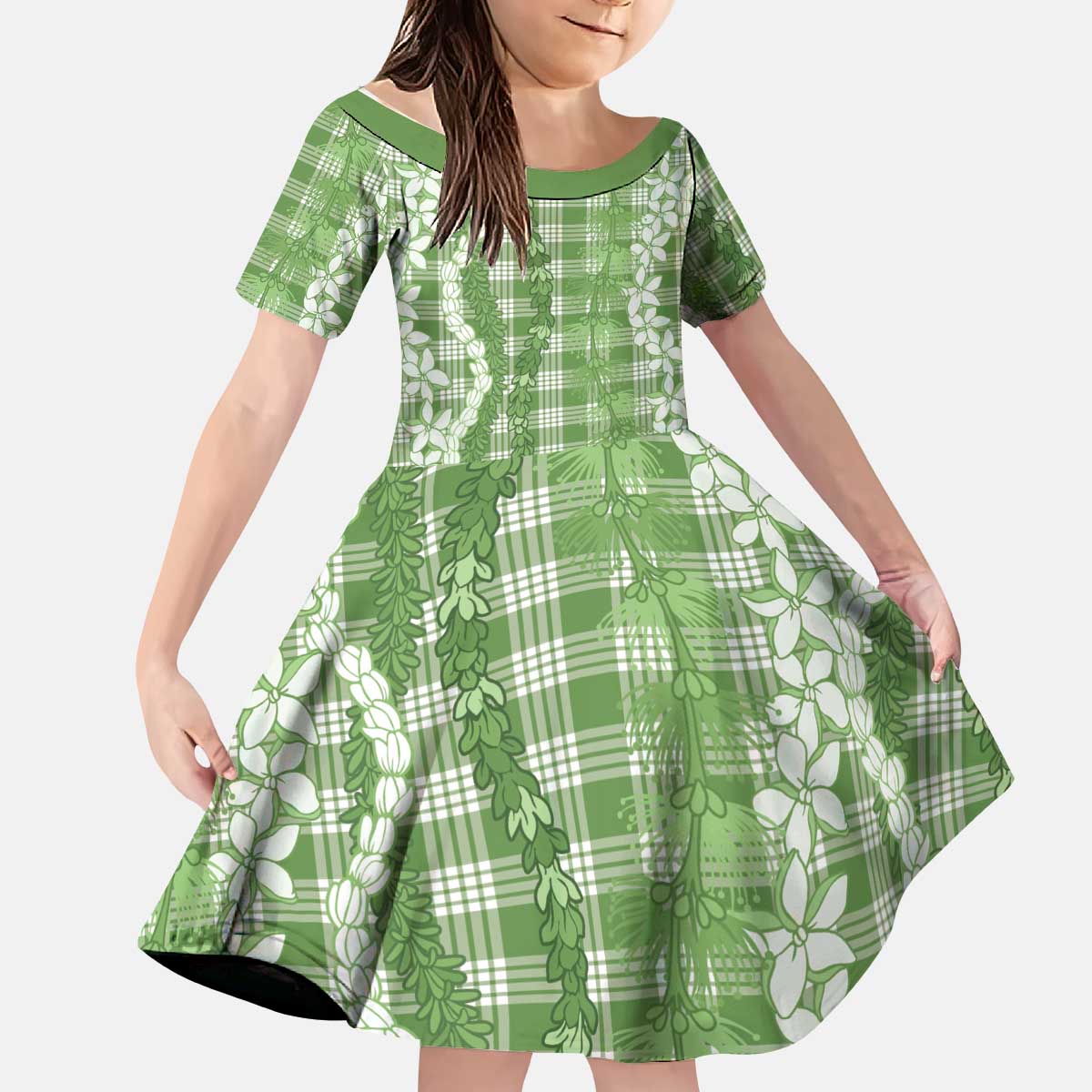 Hawaiian Ohia Lehua Lei Kid Short Sleeve Dress Plaid Palaka Omaomao Pattern - Polynesian Pride