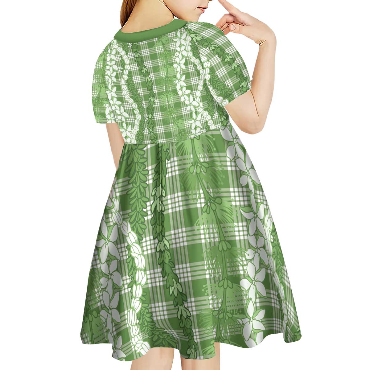 Hawaiian Ohia Lehua Lei Kid Short Sleeve Dress Plaid Palaka Omaomao Pattern - Polynesian Pride