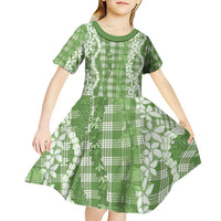 Hawaiian Ohia Lehua Lei Kid Short Sleeve Dress Plaid Palaka Omaomao Pattern - Polynesian Pride
