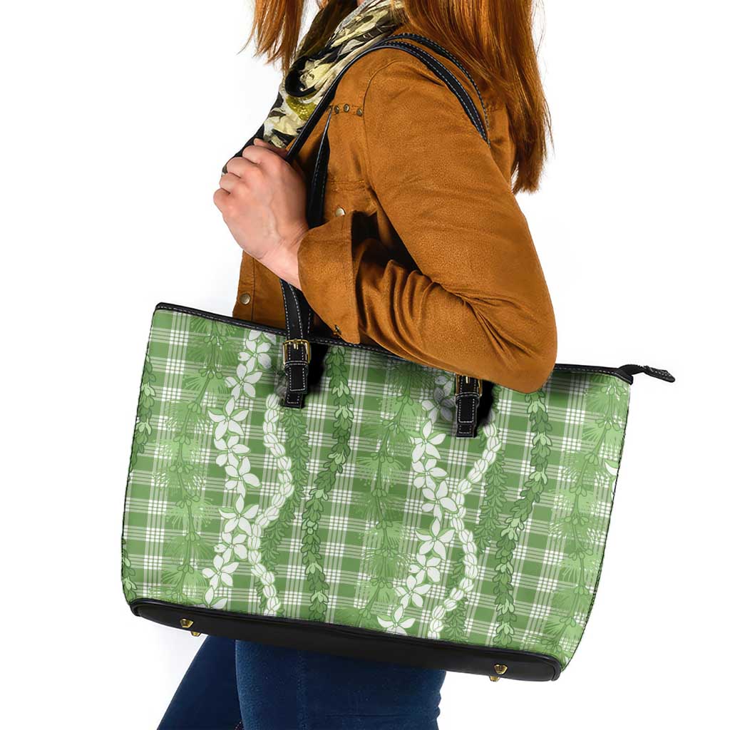 Hawaiian Ohia Lehua Lei Leather Tote Bag Plaid Palaka Omaomao Pattern - Polynesian Pride